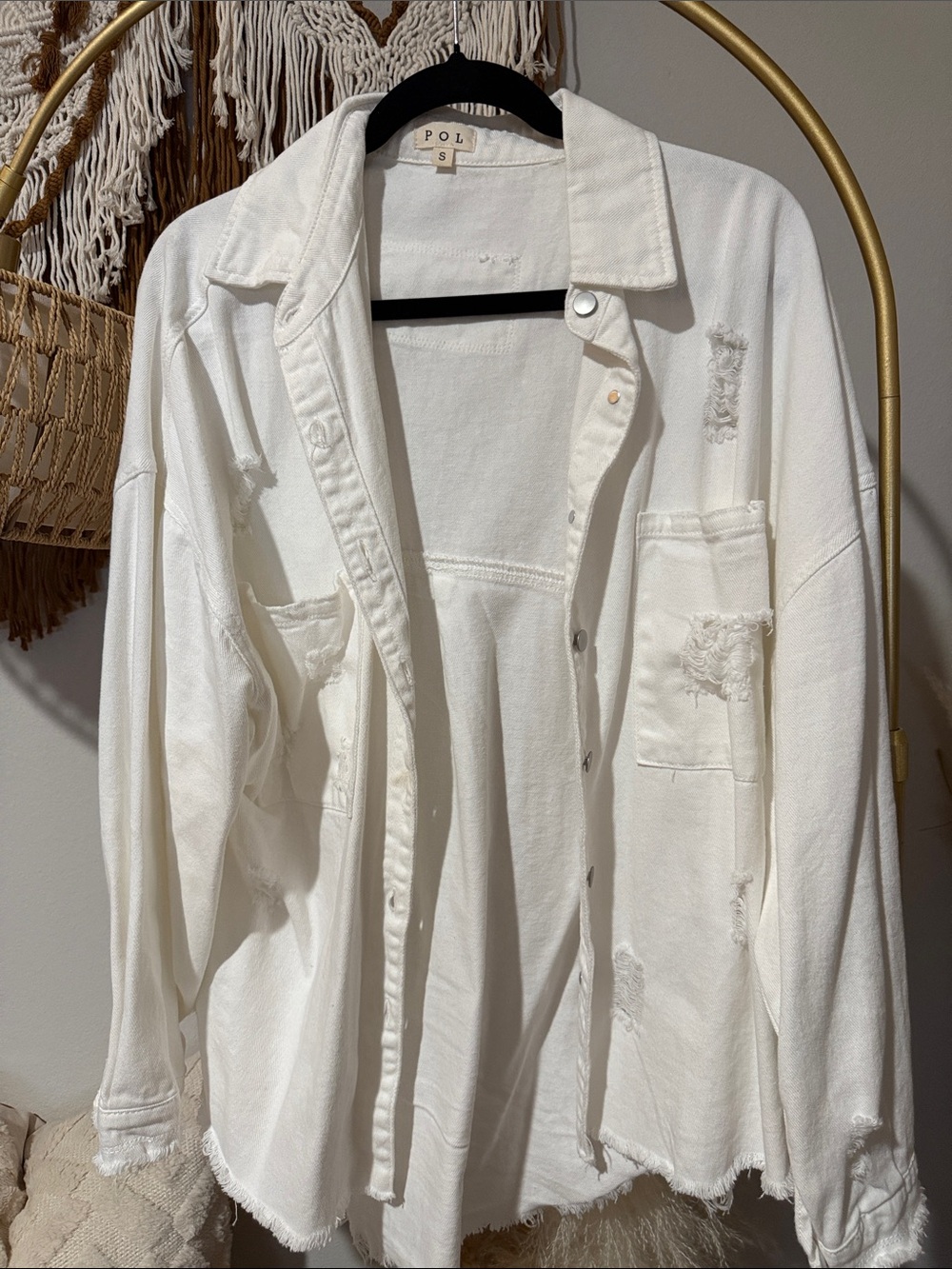 POL White Oversized Distressed Button-Up Shacket